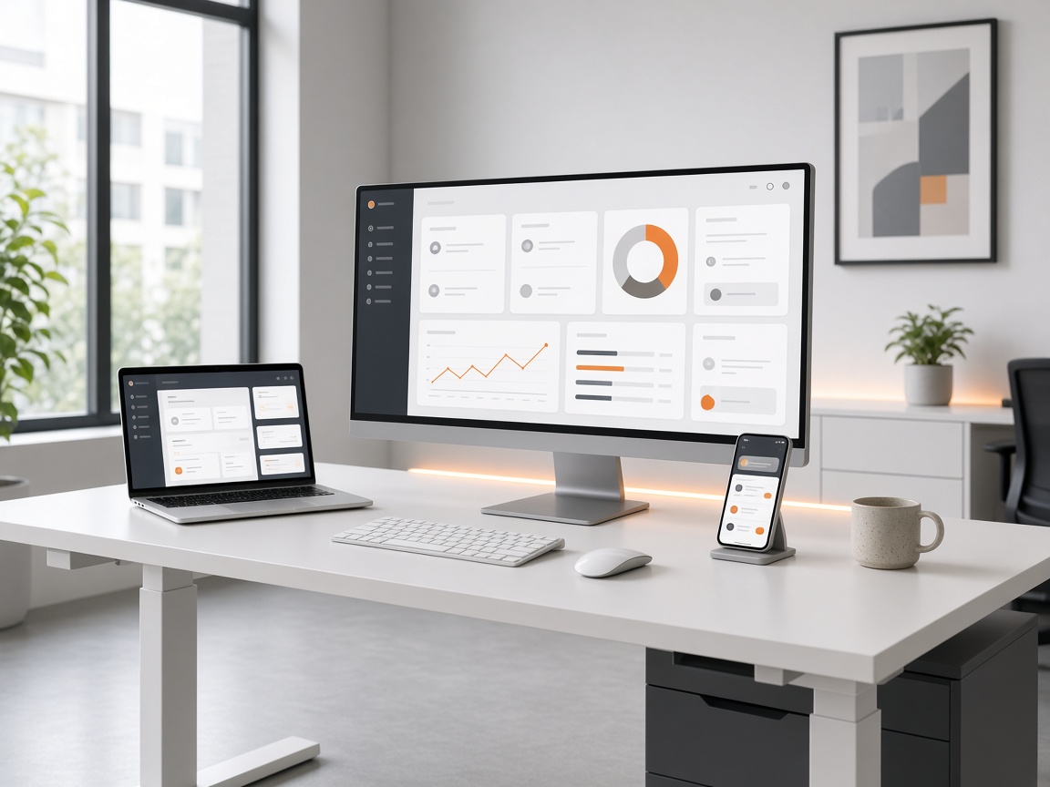 A modern software studio desk with a laptop, ultrawide monitor, and phone showing product dashboards